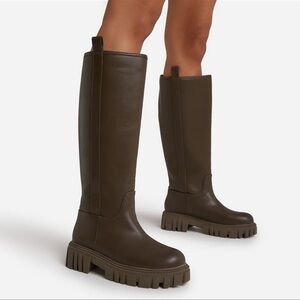 EGO chunky cleated sole knee high faux leather boots